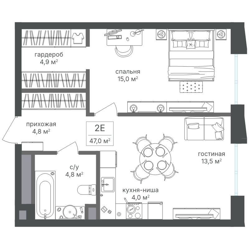 2 ккв (Евро) 47,1 м²