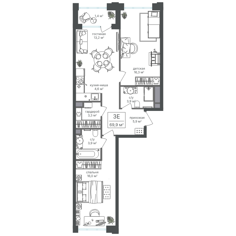 3 ккв (Евро) 68,5 м²