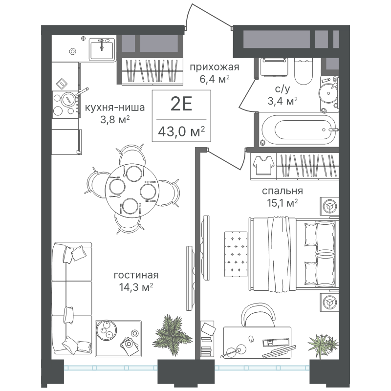 2 ккв (Евро) 43 м²