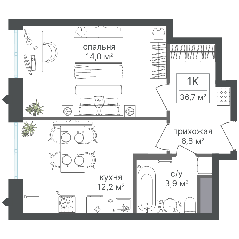 1 ккв 36,7 м²