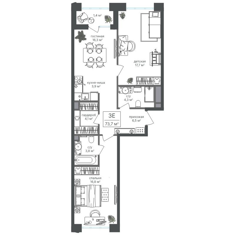 3 ккв (Евро) 72,3 м²