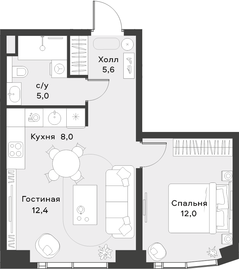 2 ккв (Евро) 43 м²
