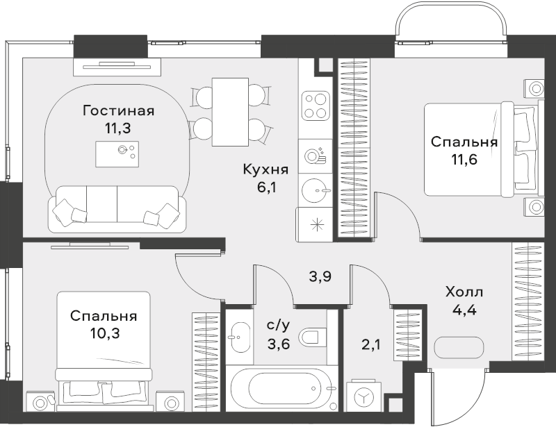 3 ккв (Евро) 53,3 м²