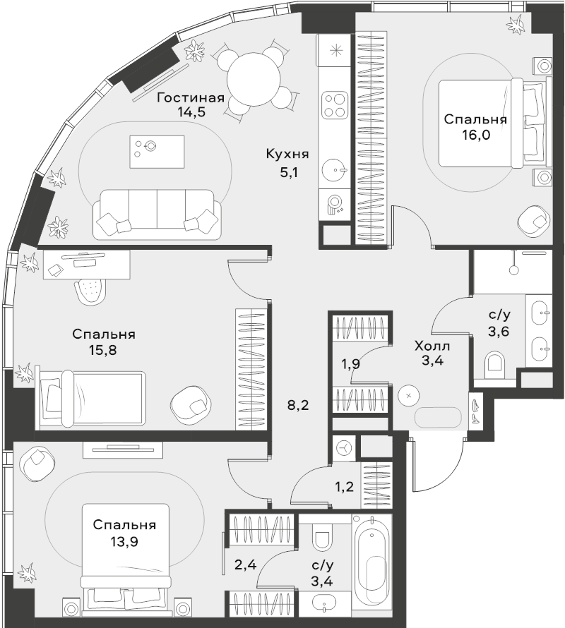 4 ккв (Евро) 89,4 м²