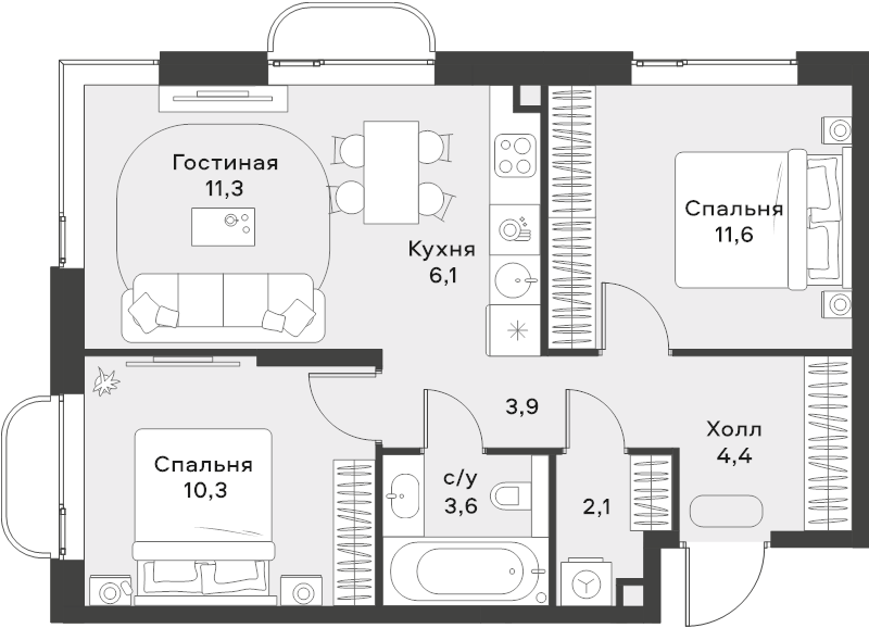 3 ккв (Евро) 53,3 м²