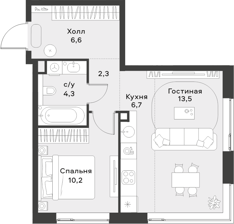 2 ккв (Евро) 43,6 м²