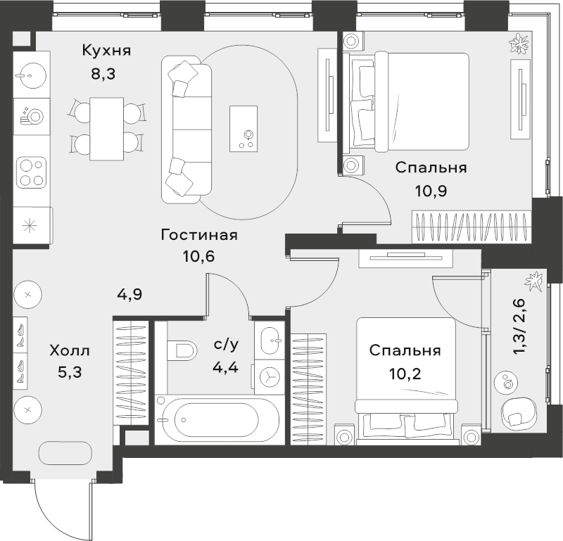 3 ккв (Евро) 55,9 м²