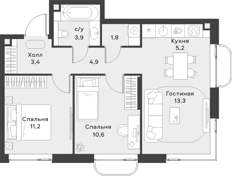 3 ккв (Евро) 54,3 м²
