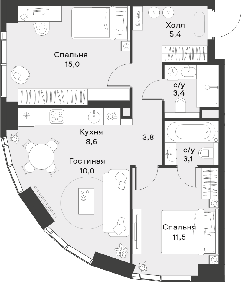 3 ккв (Евро) 60,8 м²