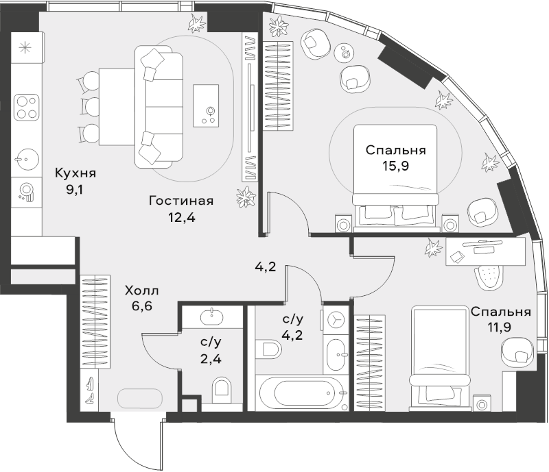 3 ккв (Евро) 66,7 м²