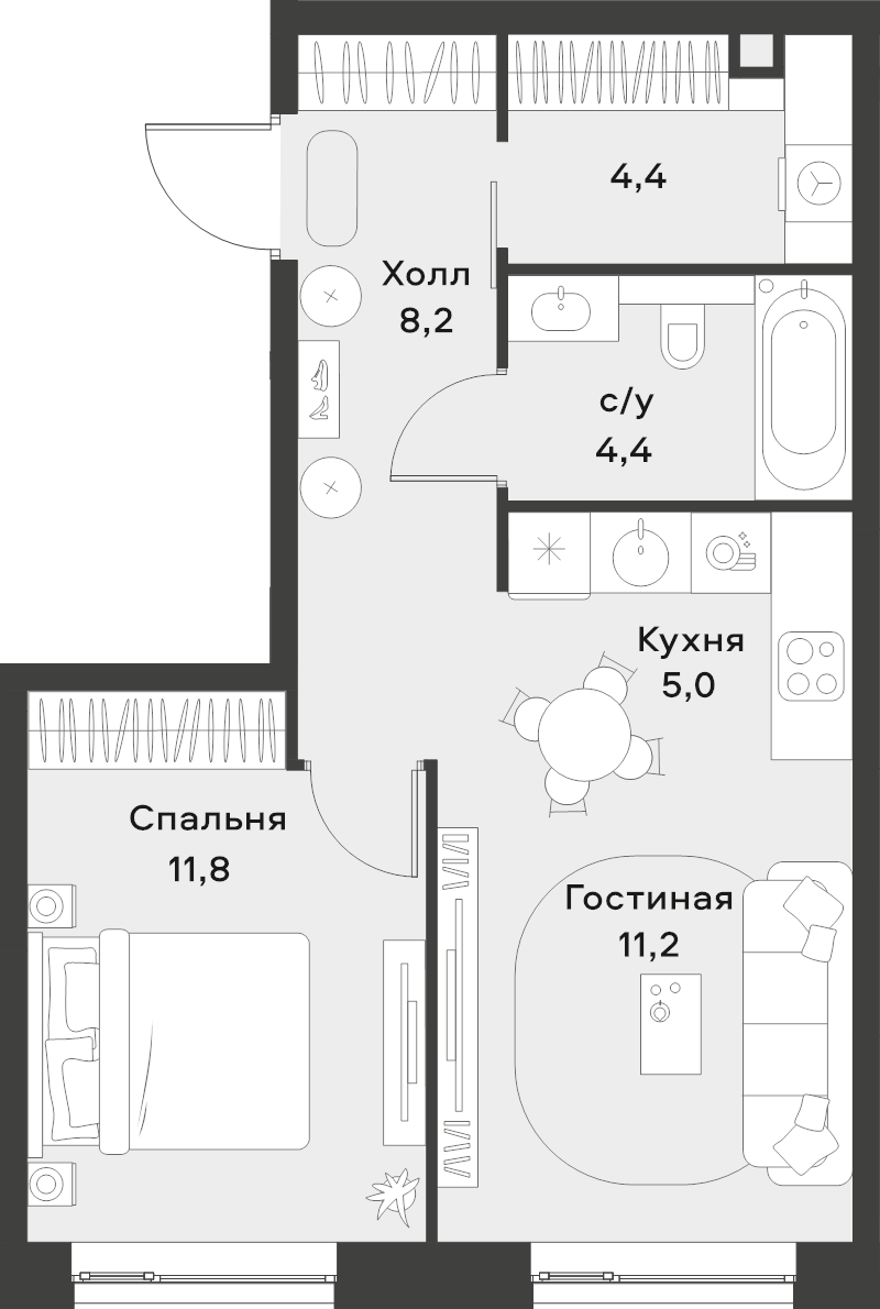 2 ккв (Евро) 45 м²