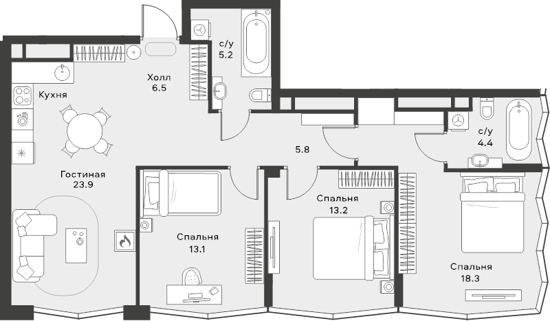 4 ккв (Евро) 91,3 м²