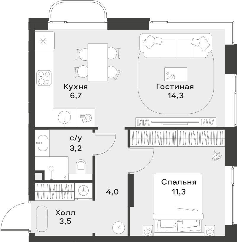 2 ккв (Евро) 43 м²