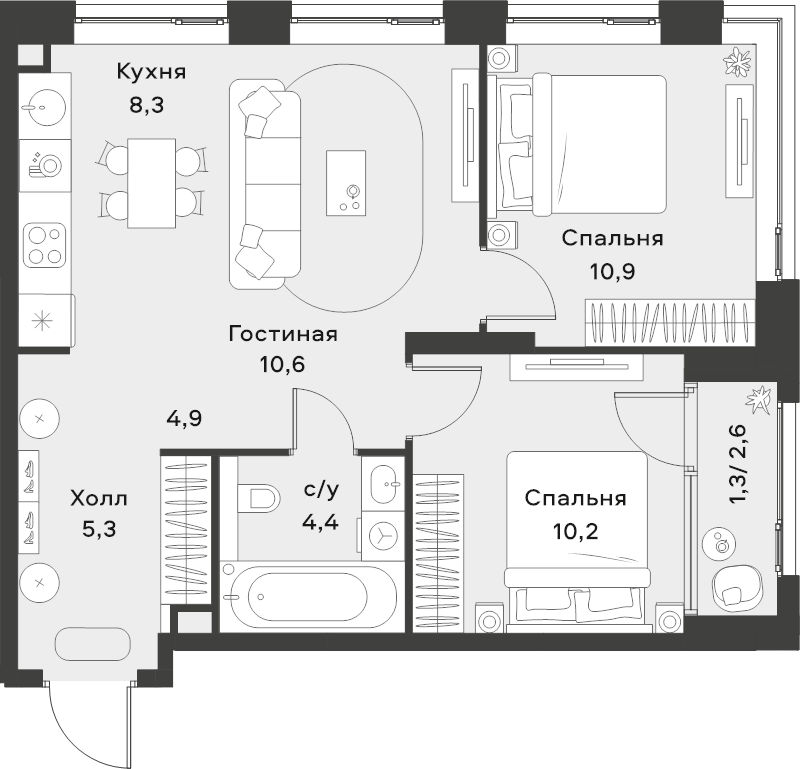 3 ккв (Евро) 55,9 м²