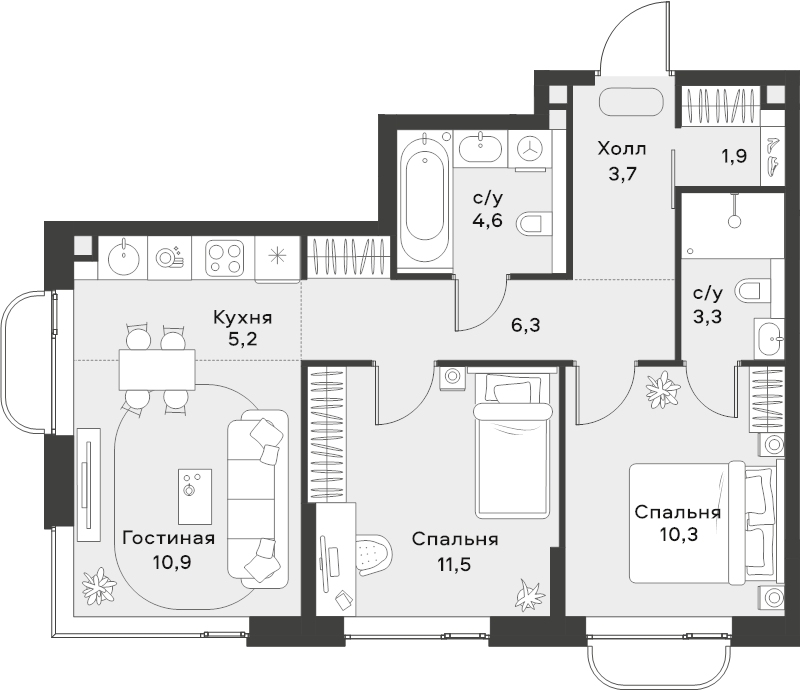 3 ккв (Евро) 57,7 м²