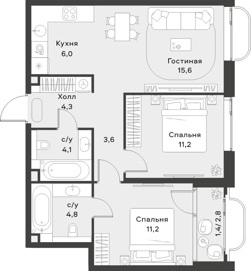 3 ккв (Евро) 62,2 м²