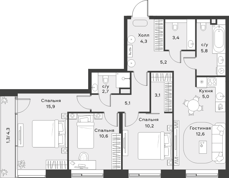 4 ккв (Евро) 85,2 м²