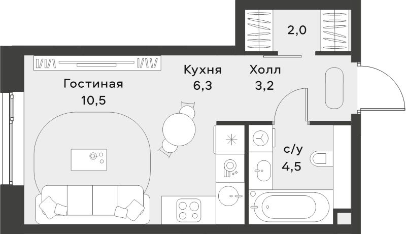 Студия 26,5 м²