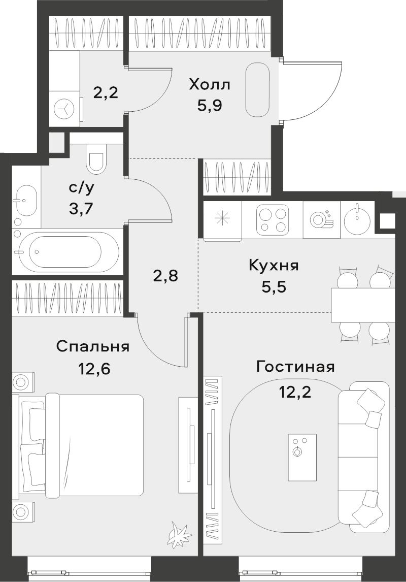 2 ккв (Евро) 44,9 м²