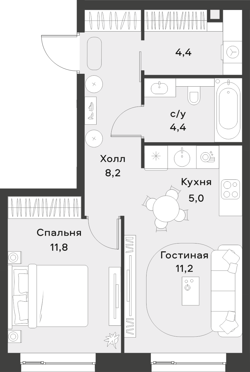 2 ккв (Евро) 45 м²
