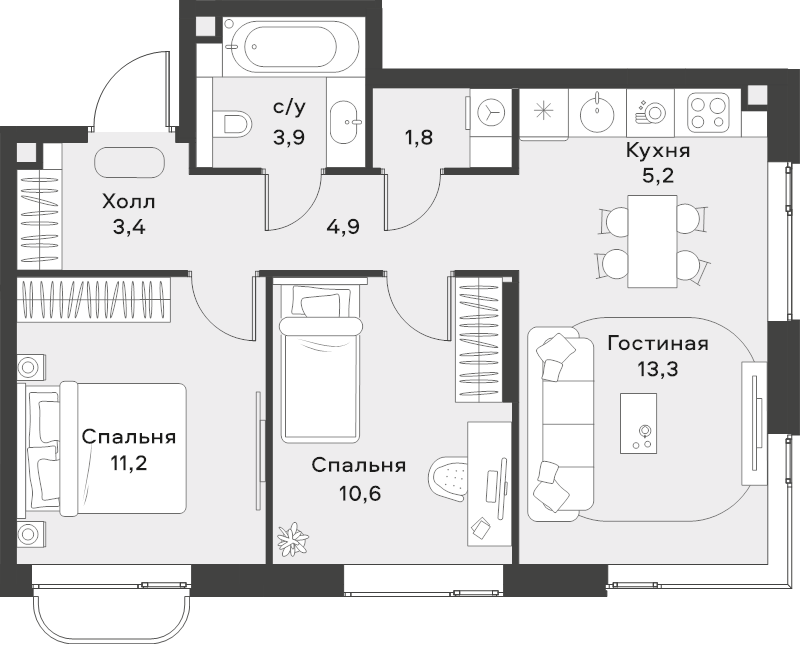 3 ккв (Евро) 54,3 м²