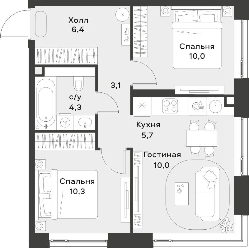 3 ккв (Евро) 49,8 м²