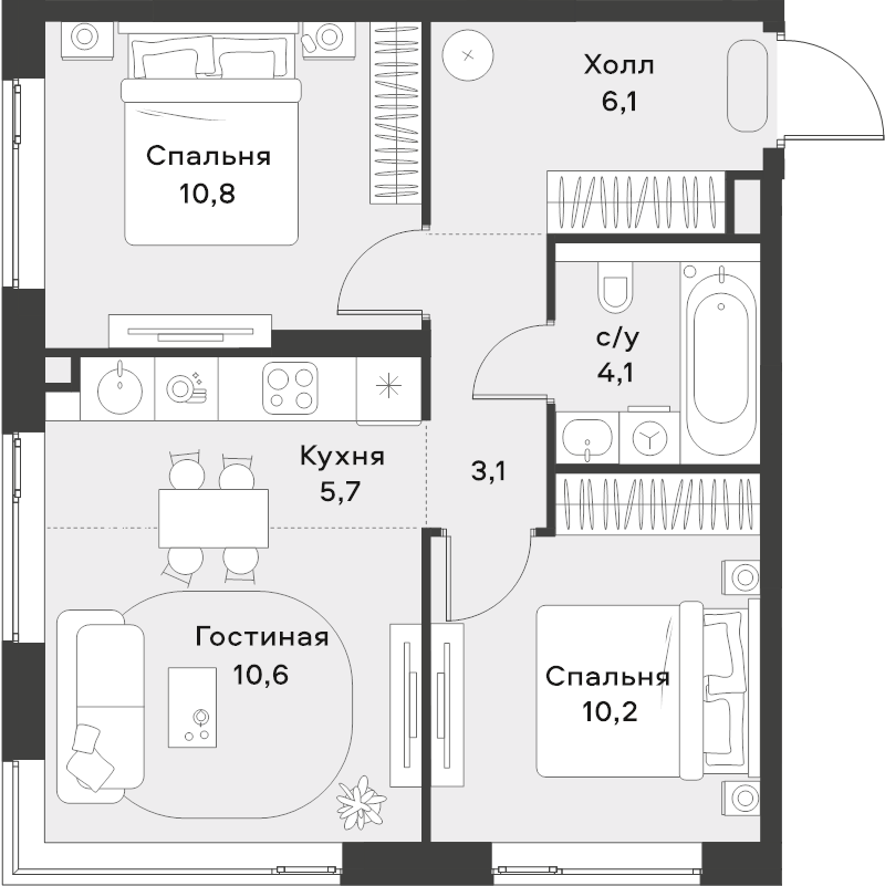 3 ккв (Евро) 50,6 м²