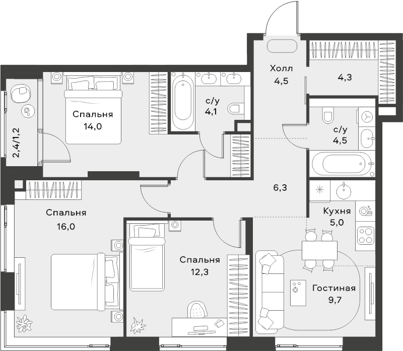3 ккв 81,9 м²