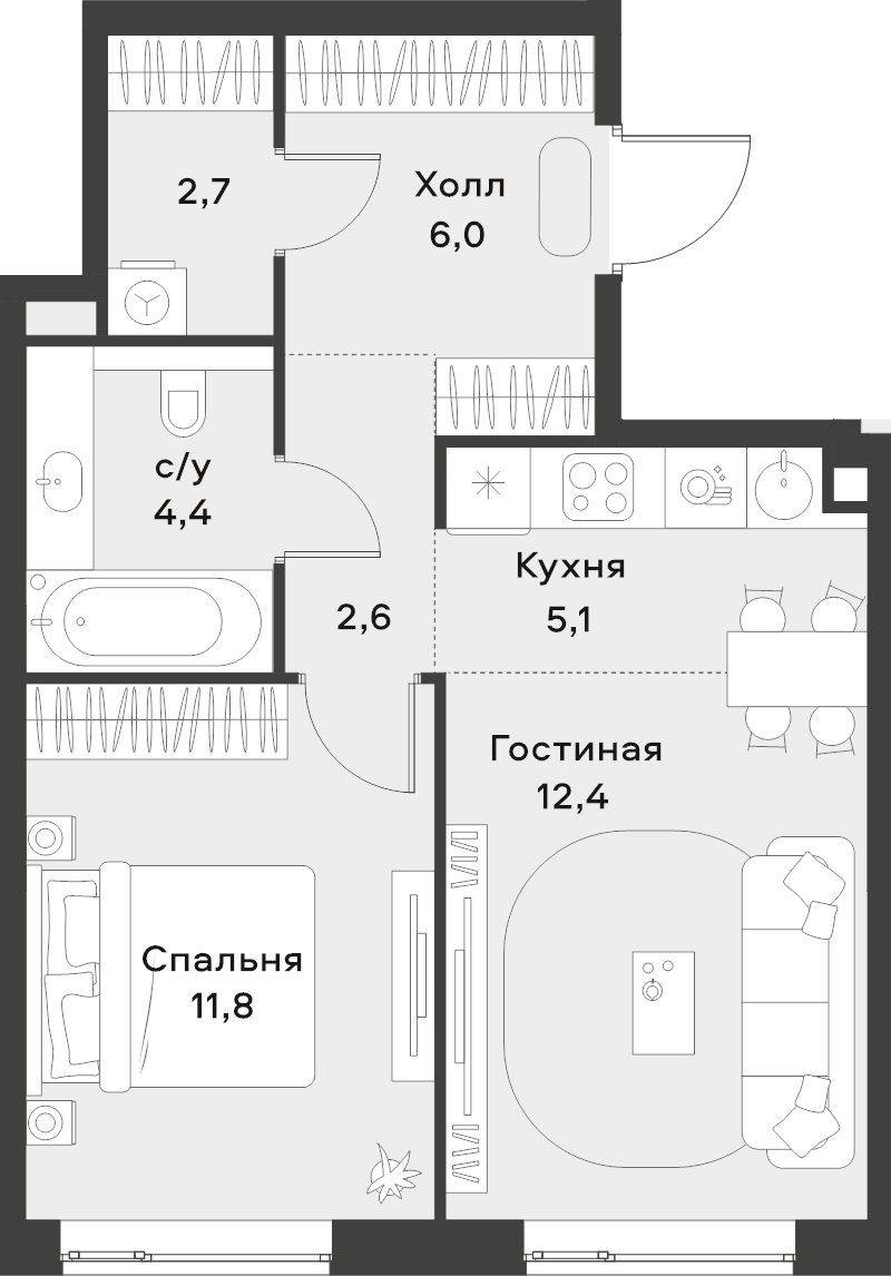 2 ккв (Евро) 45 м²