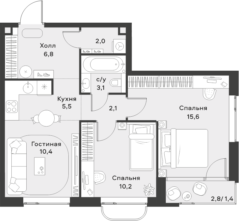 3 ккв (Евро) 57,1 м²