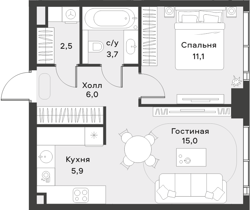 2 ккв (Евро) 44,2 м²