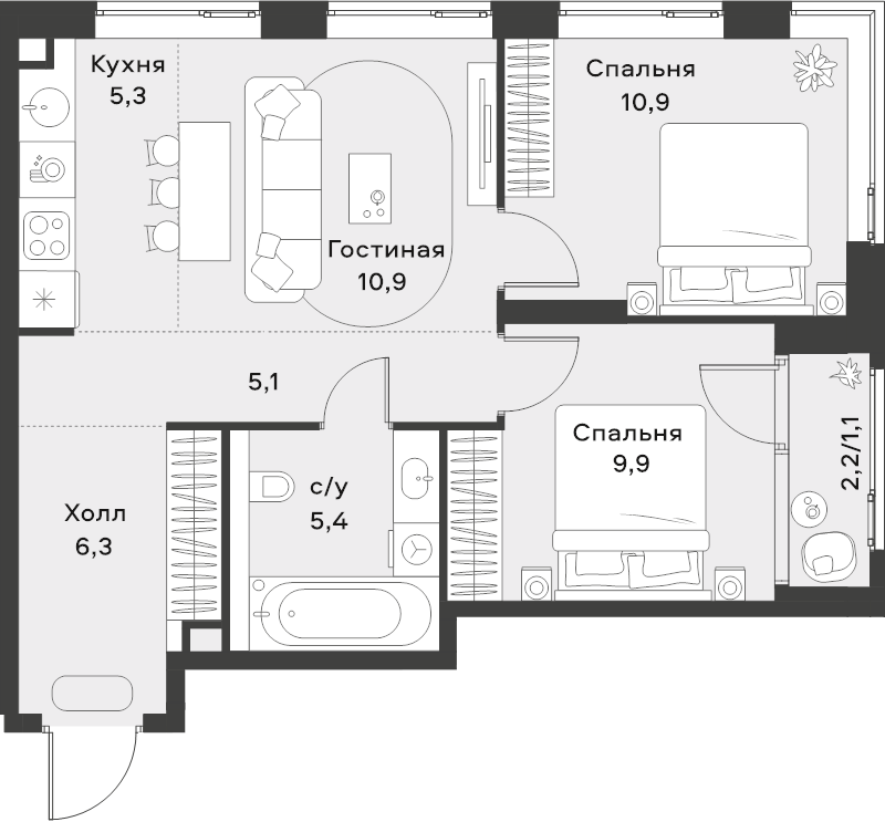 3 ккв (Евро) 54,9 м²