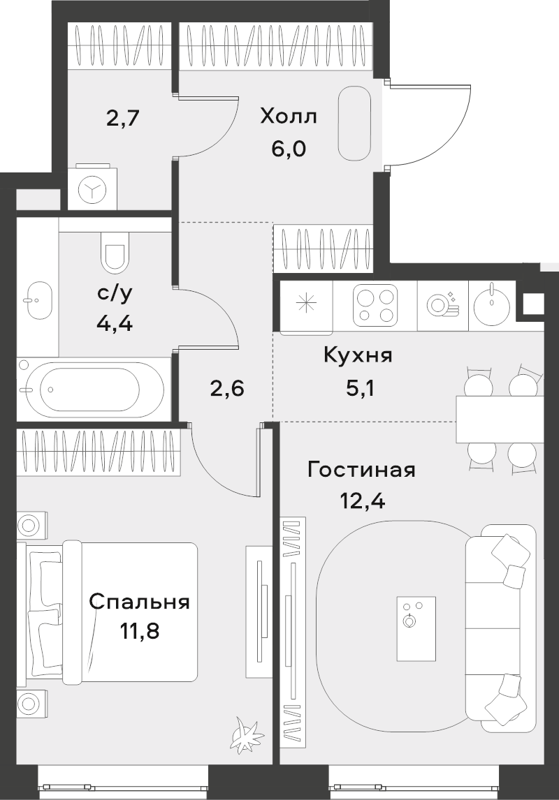 2 ккв (Евро) 45 м²
