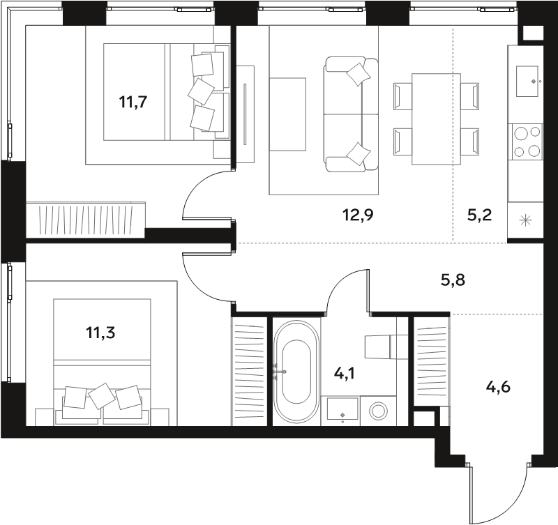 3 ккв (Евро) 55,6 м²