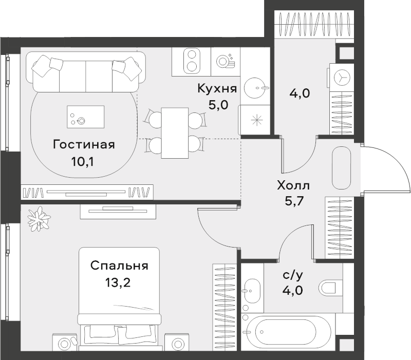2 ккв (Евро) 42 м²