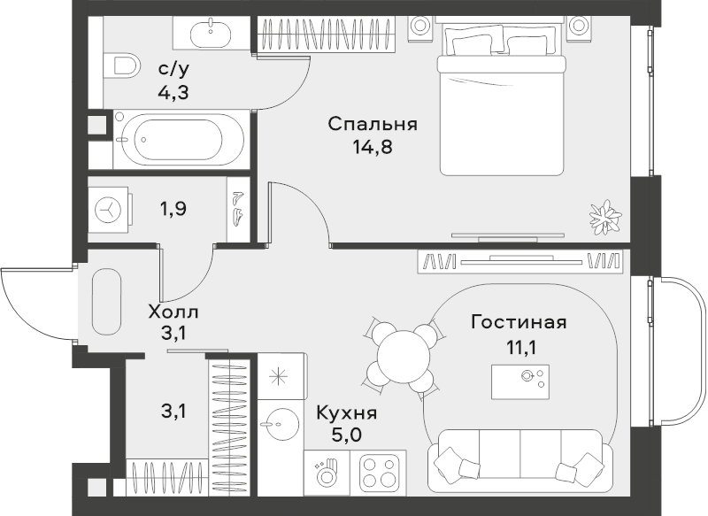 2 ккв (Евро) 43,3 м²