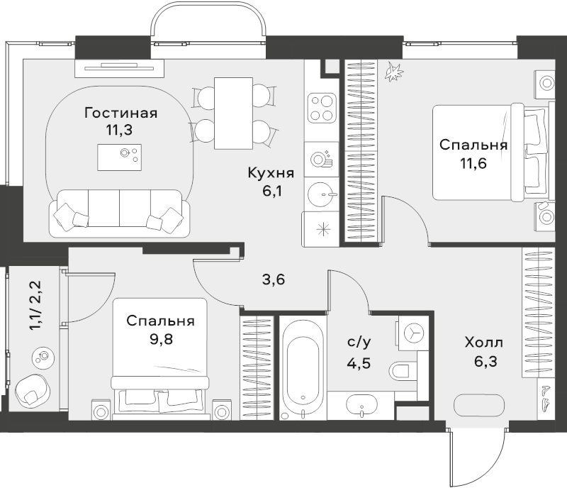 3 ккв (Евро) 54,3 м²