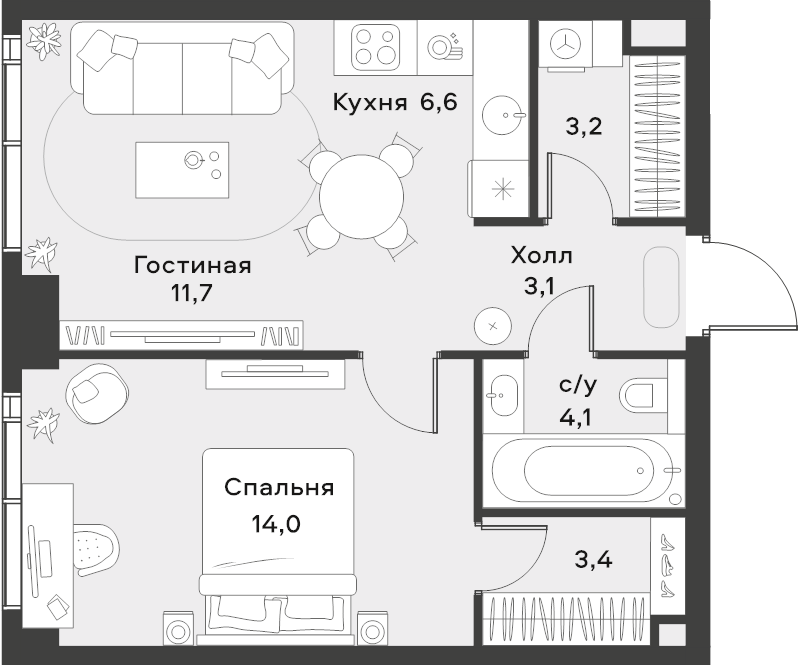 2 ккв (Евро) 46,1 м²