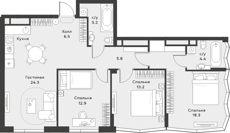 4 ккв (Евро) 91,4 м²