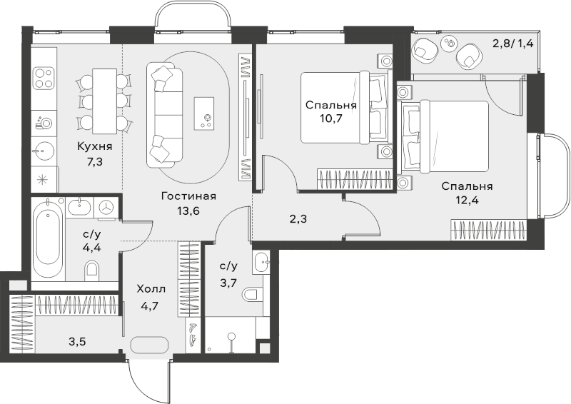 3 ккв (Евро) 64 м²