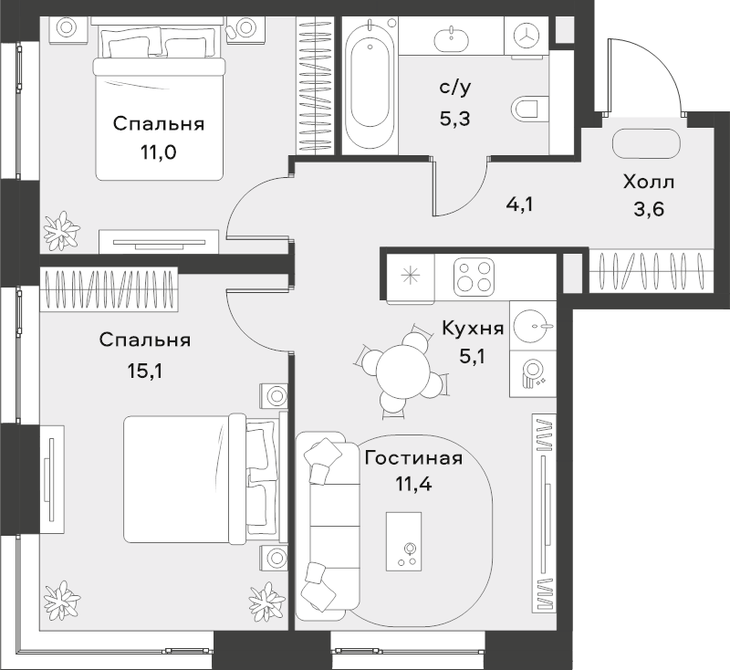 3 ккв (Евро) 55,6 м²