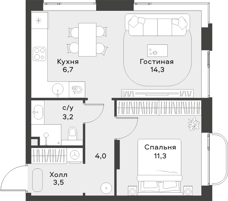2 ккв (Евро) 43 м²