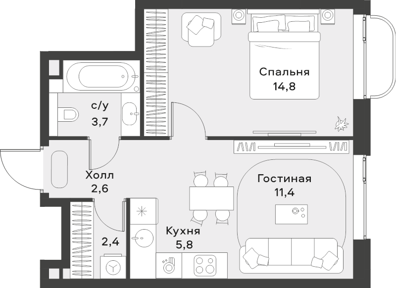 2 ккв (Евро) 40,7 м²