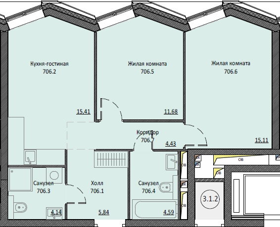 3 ккв (Евро) 61,1 м²