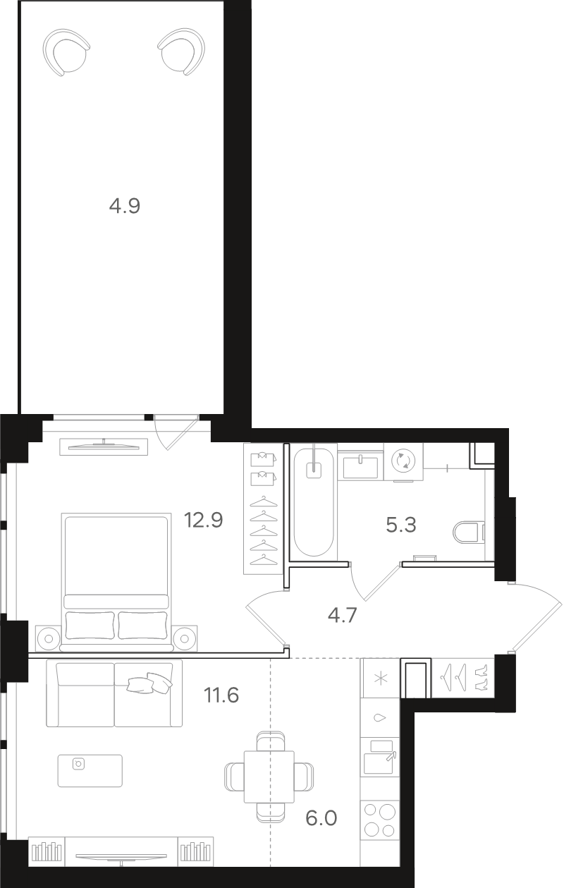 2 ккв (Евро) 45,4 м²