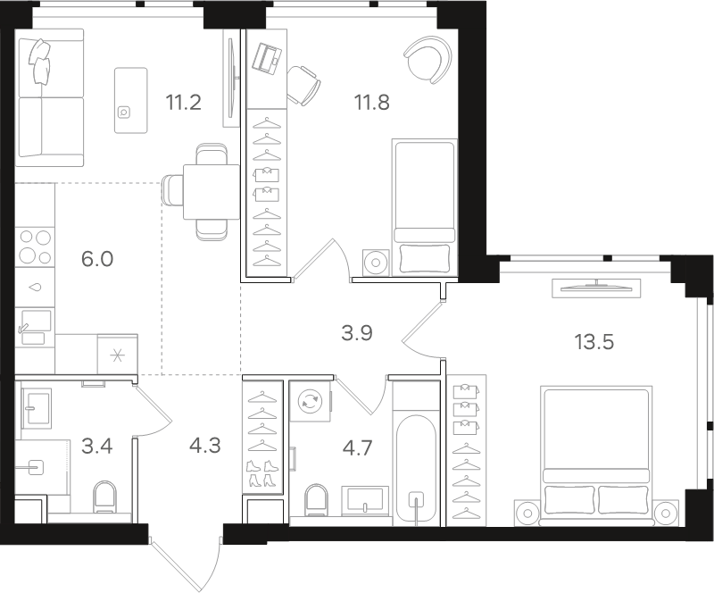 3 ккв (Евро) 58,8 м²
