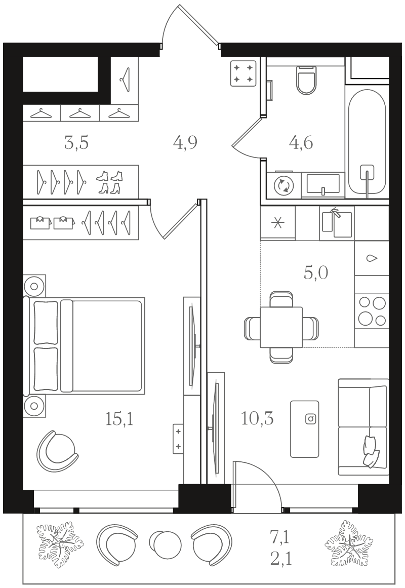 2 ккв (Евро) 45,5 м²