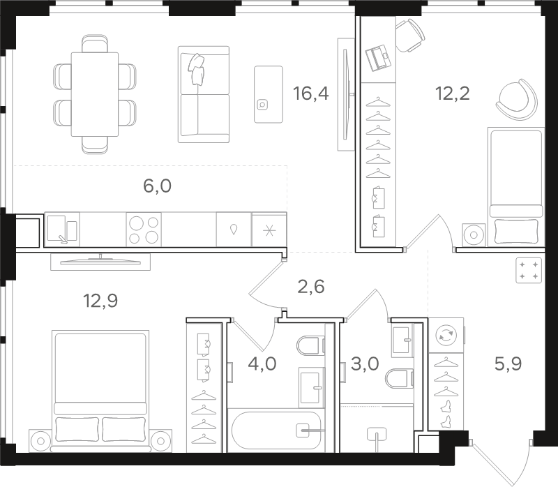 3 ккв (Евро) 63 м²