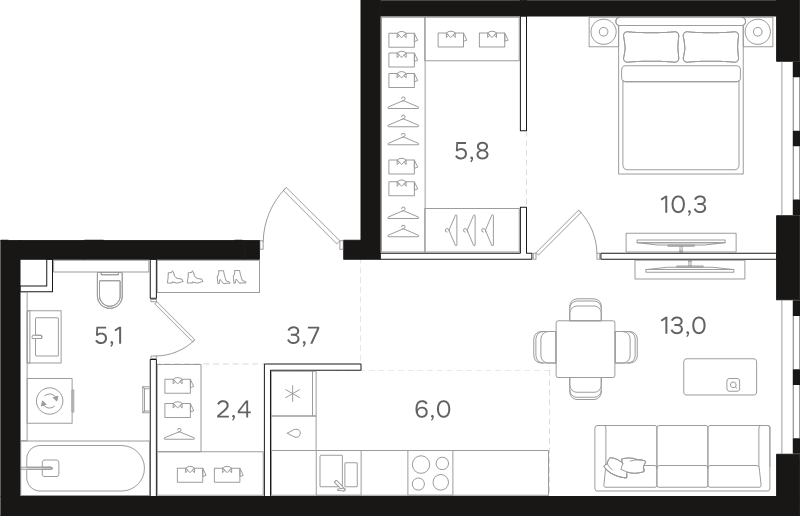 2 ккв (Евро) 46,3 м²