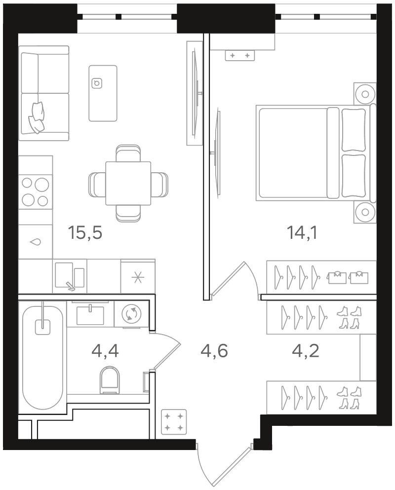 2 ккв (Евро) 42,8 м²